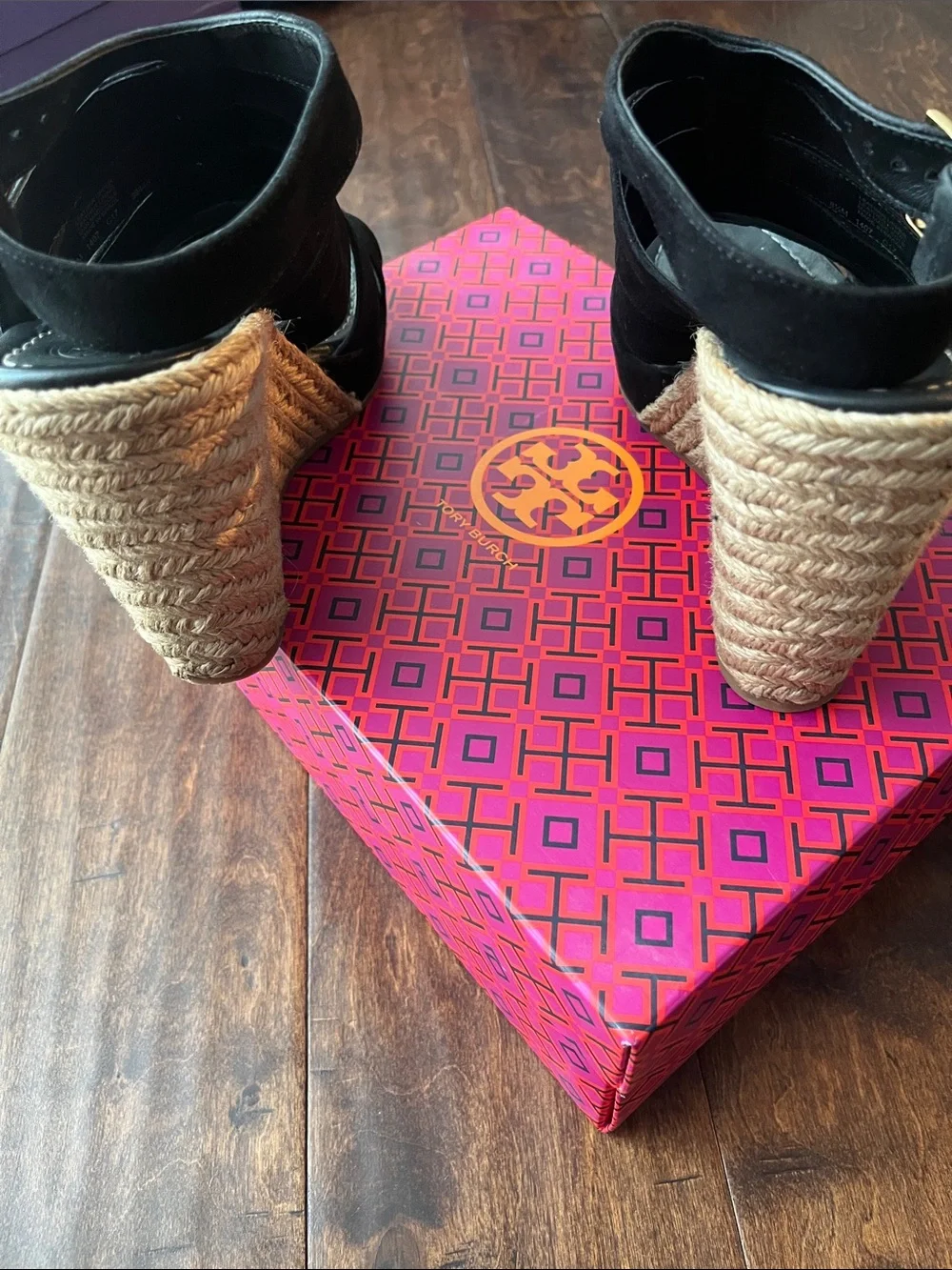 Tory Burch Black Strappy Suede Wedge Sandals with Ankle Buckle